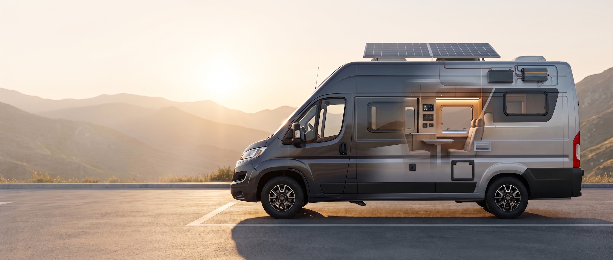 Camper equipada con sistemas de energía, seguridad, multimedia y confort